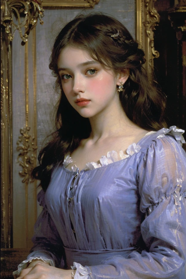 1girl, beautiful teenage girl, small breasts, revealing ornate navy blue dress, short wavy brown hair, portrait, oil painting, modern, realistic proportions, intricate, intricate details, sharp focus