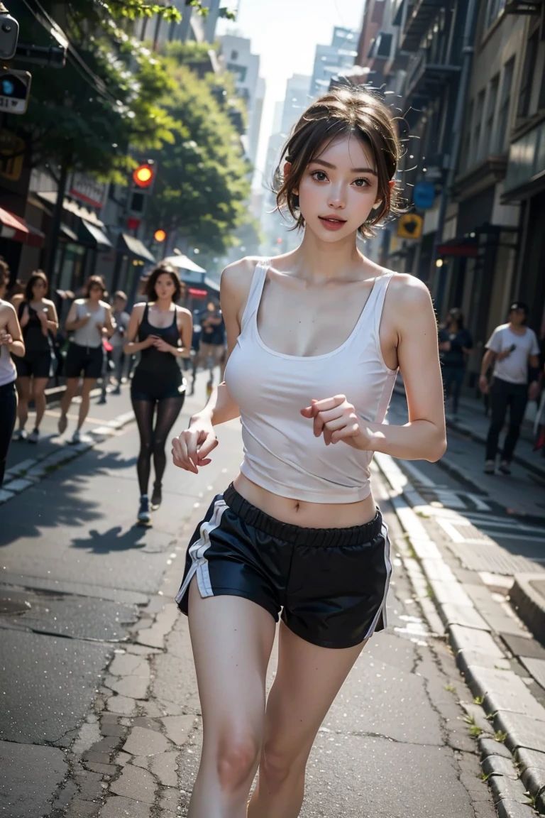 master piece,best quality,,realistic style，girl running,big breasts:1.3,have on the street