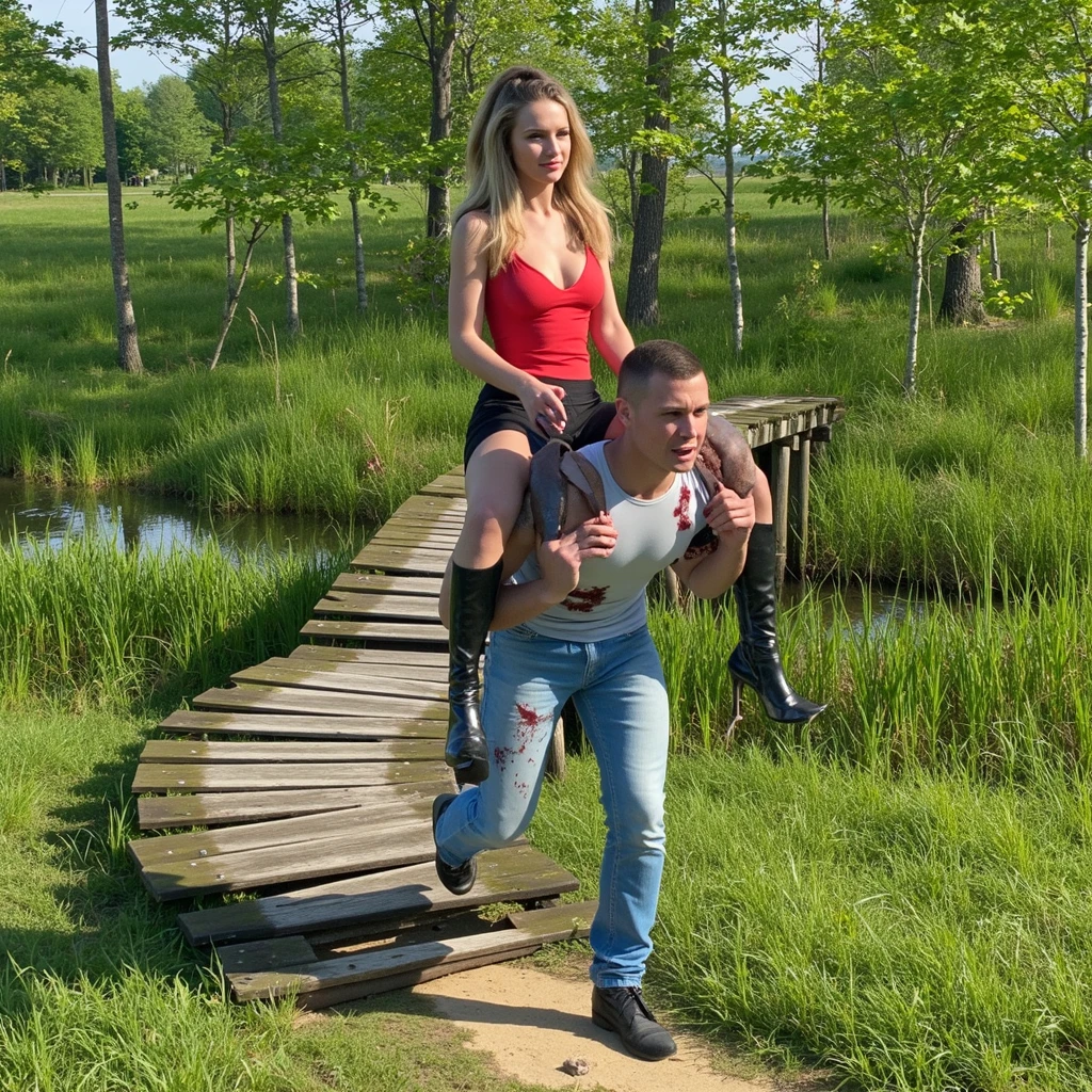 a beautiful blond woman, a young blond woman, a blond woman in a shiny coat, a sad blond woman, a madeup blonde woman, blond woman with lipstick, blond woman with smoky eyes, dramatic action pose, woman that is carrying a skinny man, there is a beautiful woman in a shiny coat who is carrying a blond man in her arms, a longhaired beautiful woman in a high-shine black puffy coat, a longhaired woman in a shiny downcoat, a woman is carrying a shorthaired man who is wearing black shorts, a weak man in black shorts is consciousless and needs to be carried, a shorthaired man with closed eyes is carried in the arms of a longhaired woman, a woman looks very scared and terrified, a consciousless man with closed eyes is suffering very much and has a very painful face, photo, photo shoot, photographed, arafed man being carried by a woman on a plane, very realistic, very very realistic, hyper-realistic, hyper - realistic, hyper realistic, jacket over bare torso, very disturbing, very hyperrealistic, tom cruise torso, super realistic, by Anna Füssli, hyperrealistic!, extremely realistic, very very very realistic, super-realistic