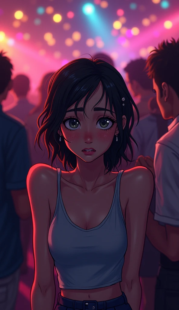 tall woman(brown eyes; long, straight black hair; large breasts; olive skin tone), Disney-style cgi, business casual attire; outside on neon-lit night streets in the rain; futuristic; dystopian; cyberpunk; best quality; trending on artstation; complex volumetric lighting; sobbing uncontrollably; crying; tears; sad expression; standing in the rain; drenched; wet clothes; wet hair
