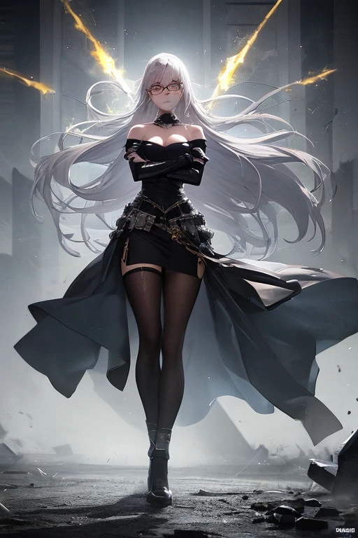 girl, 20 years old, with long white hair down to below her waist, a serious yet tender expression, and red eyes. Her hair features black streaks. She wears antique-style clothing, a long black dress with a slit on the legs, and high black boots that almost reach her knees. Her power and background are related to shadows and darkness. long hair flying up, hitting the ground, Destroying the ground and creating stone chips in the air, white hair with red highlights, Whole body, (ultra realistic), {Extremely detailed CG unit 8k wallpaper}, Expansive Landscape Photography, (A view from below that shows the greatness of the character, wide open field view), (low angle shot), (light: 2.0), (warm light source: 1.5), Complex details, (Iridescent colors: 1.5), (bright lighting), (atmospheric lighting), surreal, Awesome, fancy, (Alone: 1.2)