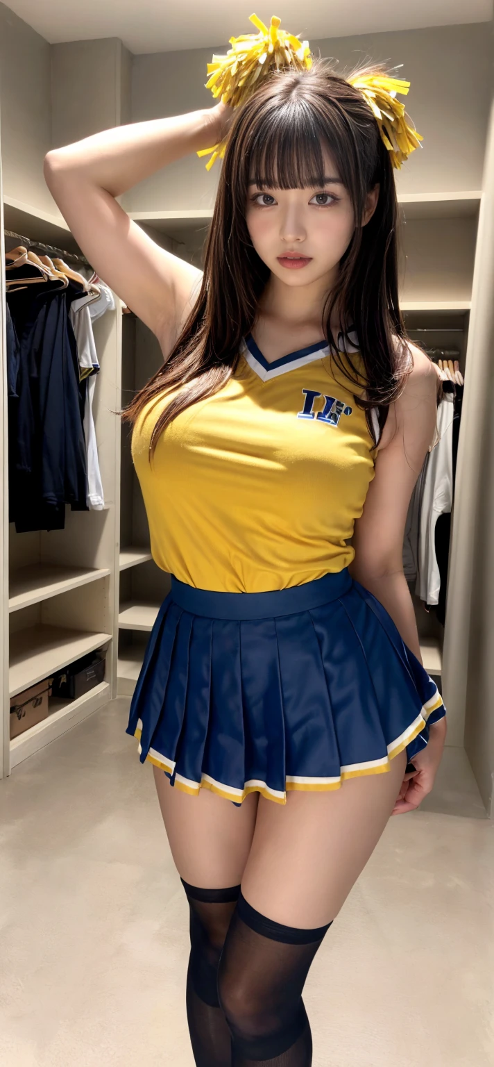 Cece Rose (masterpiece, perfect eyes, photorealistic, intricate details, hi-res, 8k) portrait of girl standing at a basket ball game on court, soft even lighting, 22 years old, beautiful woman, looking at viewer, full body view, she's a cute cheerleader, (((dark brown eyes))), (brown pupils) , (((very pale blond hair)), ((shiny purple and silver skirt and shirt)), (dress as a cheerleader) . high thigh stockings with belts and garter, top shows a nice cleavage, small perky breasts, sexy pose, (lots of ghetto tattoos all over her arms and legs and chest and stomach), ((wide hips, large thighs gap)), very small shoulders, twintails, shy smile, red lipstick, shy smile, navel piercing, jewelry, bracelets, Quick Catliner, cute eye liner, thin, red lipstick, she has freckles, shy smile,
