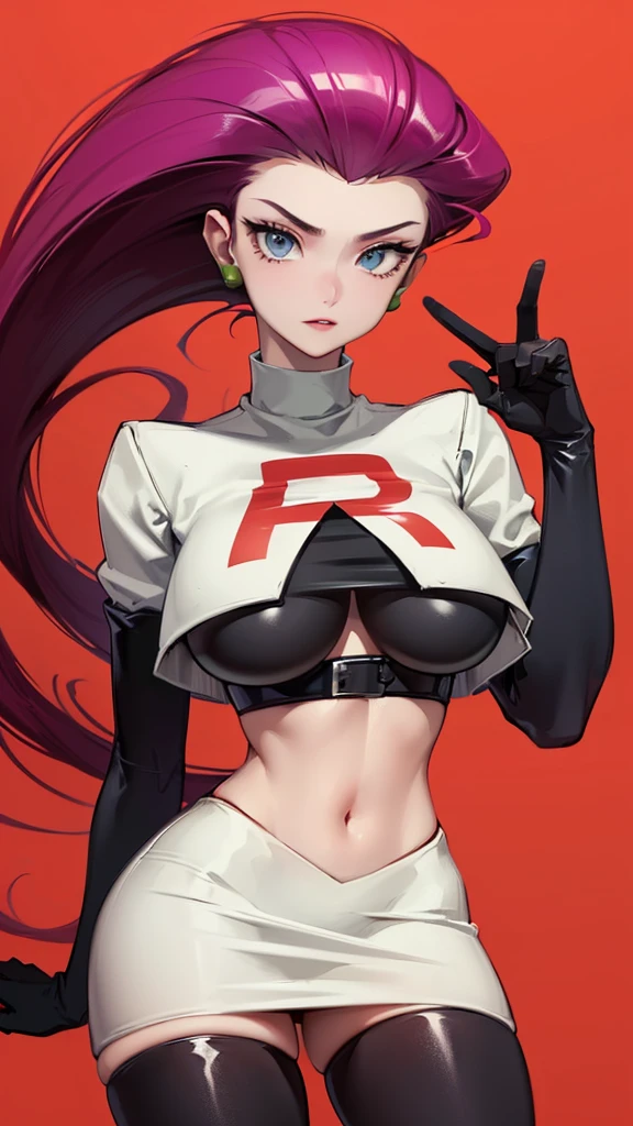 (best quality, highly detailed:1.3), (masterpiece:1.3), ((official art)), detailed face, beautiful face, (detailed eyes, perfect eyes, deep eyes), (1girl:1.33, solo), full body, jessie\(pokemon\), (very long hair, nsfw, large breasts, narrow waist, red hair, hair slicked back:1.2), (cyan eyes), earrings, licking lips, team rocket, team rocket outfit, white crop-top, white miniskirt, midriff, navel, black elbow gloves, black high heel thighboots, , (cowboy shot:1.3), (laying on bed , bent over, topless, lifting up skirt, city, night, detailed background:1.2)