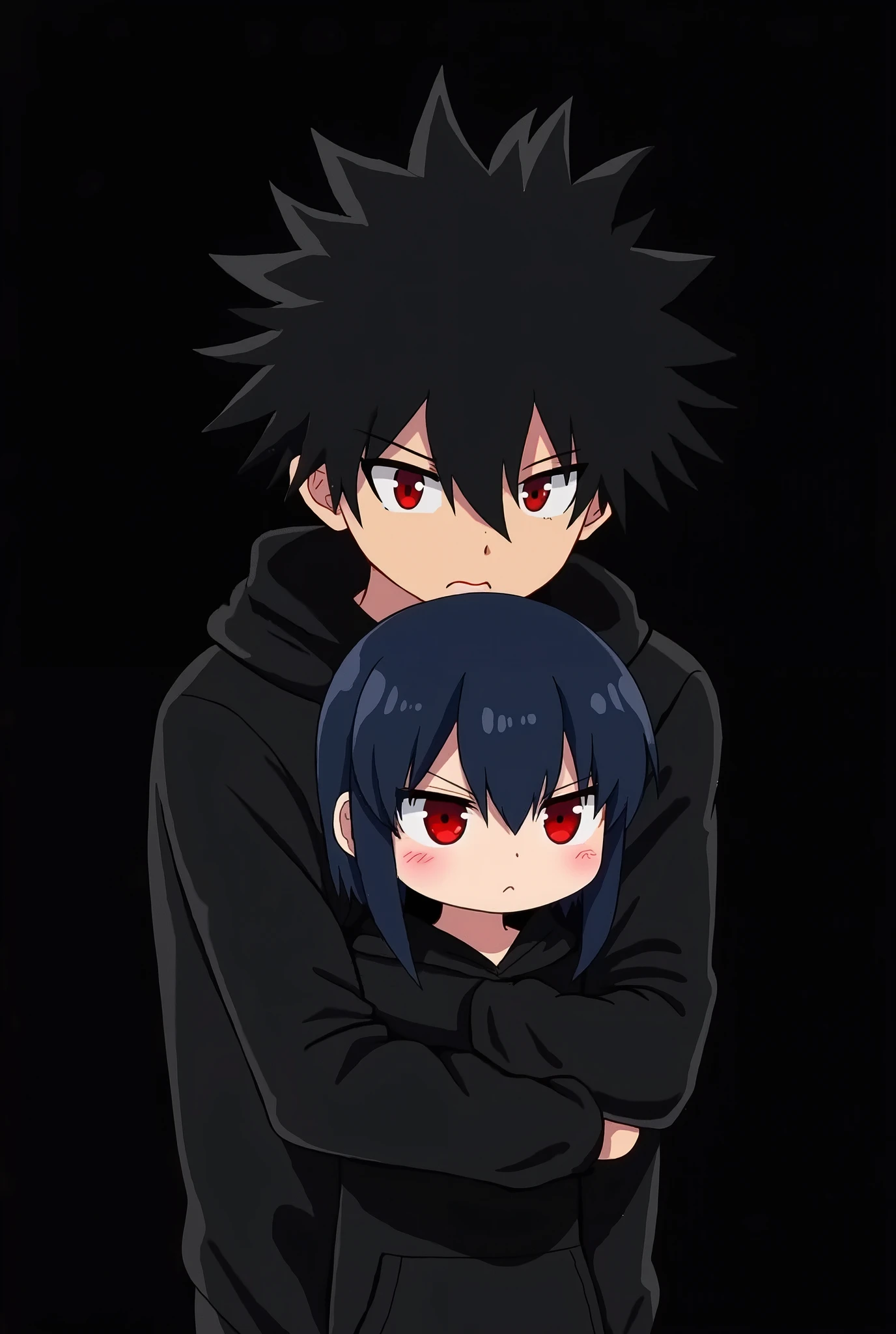 young man with rectangular glasses, black bowlcut hair with full micro bangs that doesn't reach their eyebrows, posing to the camera with a smirk wearing a red jacket and white shirt underneath and a girl with long black hair with their head resting on his shoulder.