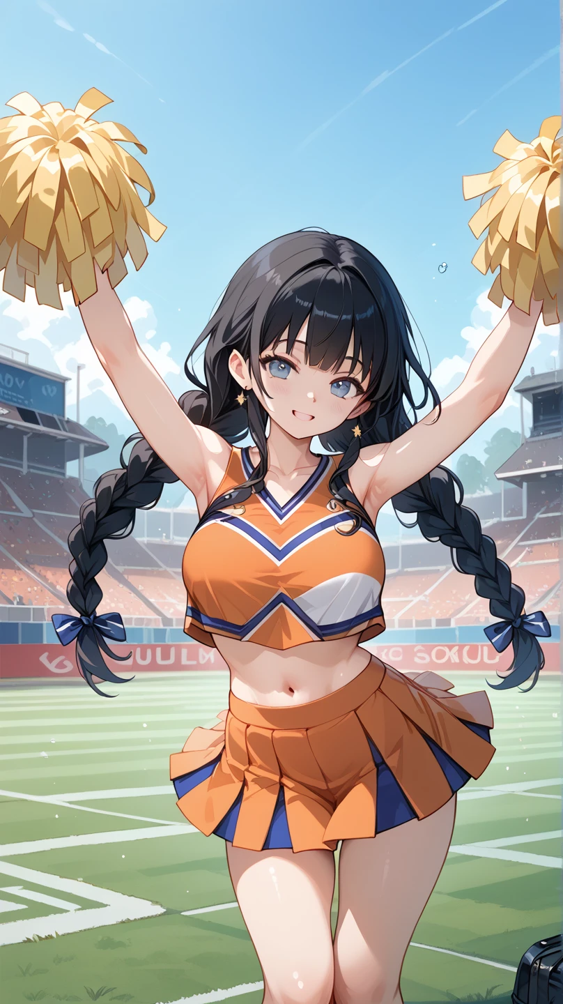 score_9, score_8_up, score_7_up, (Demon Slayer, kimetsu no yaiba style), nezuko kamado, (1girl, solo), (Cheerleader, HaruCheerUniform, sleeveless, (bare abdomen, navel), blue skirt), (wavy hair, long hair, two-tone hair, multicolored hair, black hair, orange hair, hair ribbon), forehead, (pink eyes, slit pupils), (smile, open mouth), holding pom poms, jump, falling Confetti