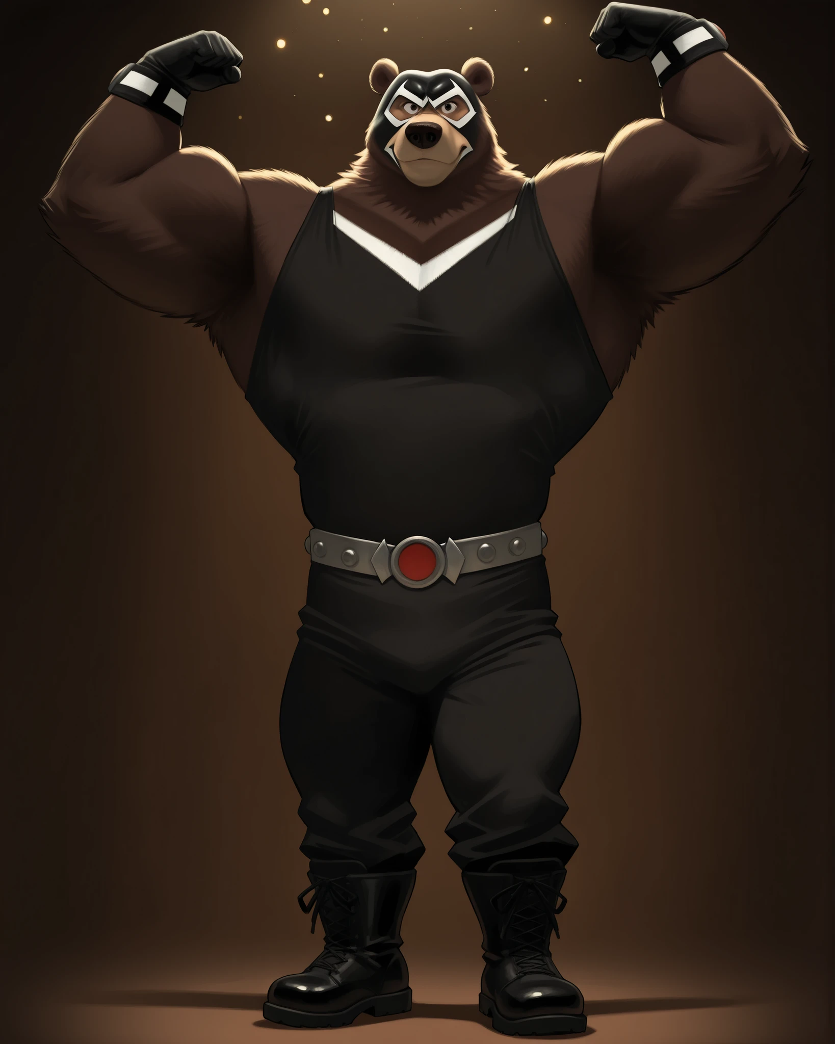 score_9, score_8_up, score_7_up, cartoon_style, ((by BodiPhantom)), 4k, 8k, The best quality, very well drawn, detailed, high quality, detailed, 4k, high resolution, high quality, high resolution, furry character, ursine, BodiPhantom, Himalayan bear, bear, boots, boy, posing, (sexy), thick arms, huge arms, 5ft, 390lbs, (dark brown fur)), simple background, lights, seething, standing, black pants, black tank top, gloves, wristband, black and white luchador mask with ears sticking out, Himalayan bear as Bane from DC Comics