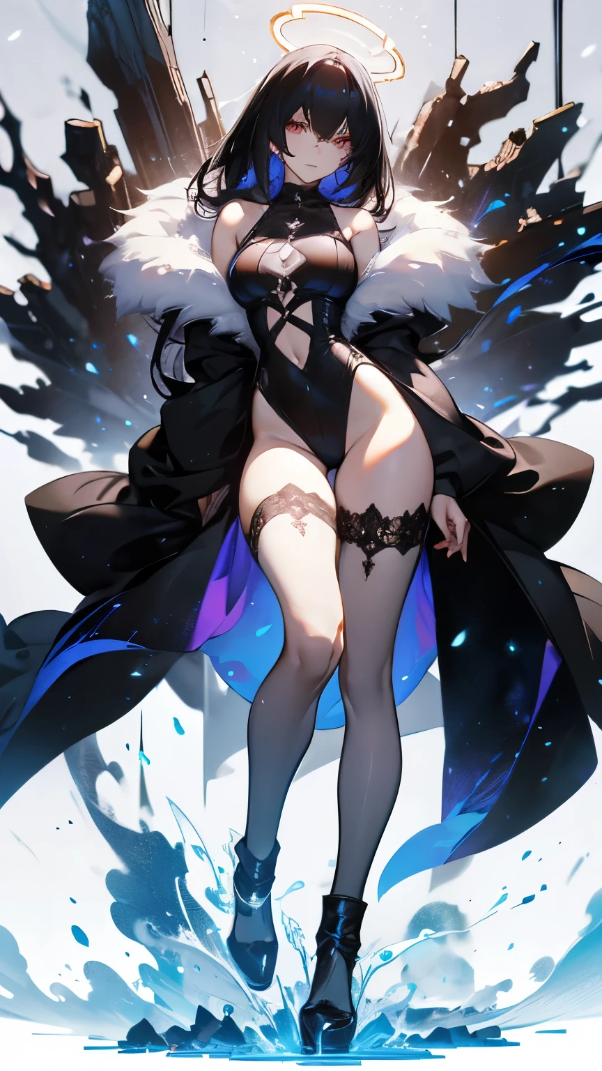 female, solo, young, sexy body, voluptuous figure, tightsuit, white hair, decolored blonde hair, ice effects around, ice queen, beautifull face, long hair, defined body, yellow and bright eyes, thick legs, strong legs, tall, Voluptuous legs, huge ass, big hip, big ass, female sorcerer, blue and black robes,