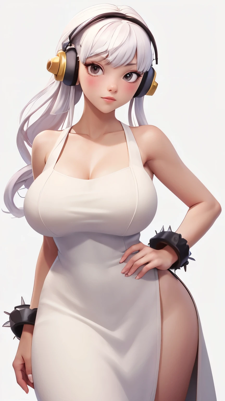 (1 girl, Alone, Masterpiece, 4k, Best Quality:1.2, (cowboy shot), Best Quality:1.2, good hands, showy, (perfect hands, perfect anatomy)),
utaop, headphones,blush, White dress, fur over one, red and white hair, multicolor fur, High average,
((medium breasts, big hips, looking at the viewer)),
((simple background, White background)),