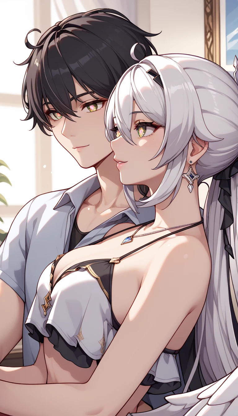 (((masterpiece))), ShizukaMikazuki, One Girl, One boy,male and female couples, View your audience, Long Hair, Gray Hair, ((close your eyes)), Cleavage, （Very large breasts）,clavicle, Mature Body,Glamorous body,Trained abdominal muscles,Make your face a little smaller,Enlarge your breasts,tall,Blushing,Laugh shyly,Sweaty all over,White Breath,Charm choker,Earrings,Detailed expression of fingers,Night view bed,blue eyes,High Ponytail,Make your lips bigger,thicken lips,Red lipstick,Exposed nipples,Open your mouth,please lift your chin,(Pink Nails),Tilt your head,(woman:Black sports bra.male:suit),,smile,Put your hands on your face,Two people hugging each other