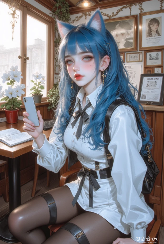 masterpiece, best quality, highly detailed,1girl,indoors, adult, split-color hair, yellow and Blue hair, Narrow, sharp eyes、, clothes, blue eyes、From head to toe、mini skirt、