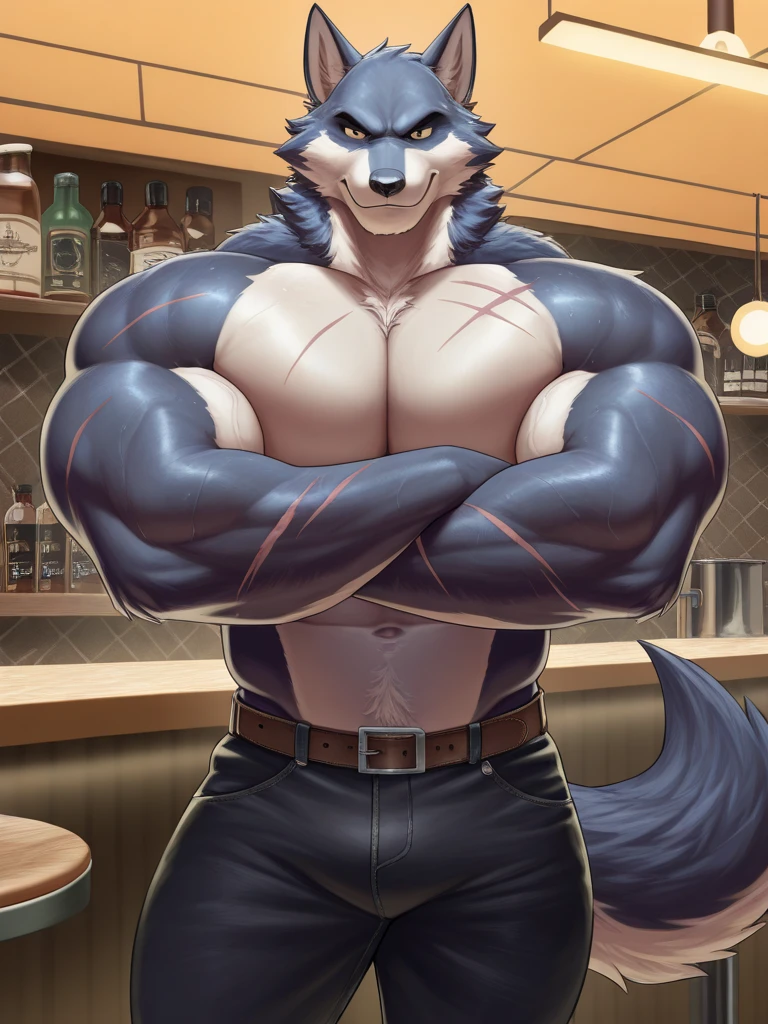 solo, anthro, furry, furry male, wolf, ((fluffy fur, fluffy, furry body)), (wolf print), red eyes, hair tuft, long hair, (light blue body, blue body, muscles), wolf tail, ((white hair, mohawk hair)), (white muzzle, white forearms), Camera Recording POV, Camera POV, security footage pov, exposing stomach, phone in hand, detailed fluffy fur, detailed face, detailed eyes, mechanic overalls, mechanic outfit, dirty overalls, zipper undone, half naked, olive green mechanic overalls, tight clothes, white shoes, black aviator sunglasses, smaller arms (full body, round ass, fluffy ass, Red LED glowing collar), cyberpunk, valorant,(by DRKS, by raccoon21, by Sollyz, by null-ghost, masterpiece, high quality,hi res,8k hd), close-view portrait, looking at viewer, indoors, changing room, clothing store, cute face, open mouth, teeth, detailed teeth, grinning expression, camera view angled from above, heavy shadows, athletic build, full body,