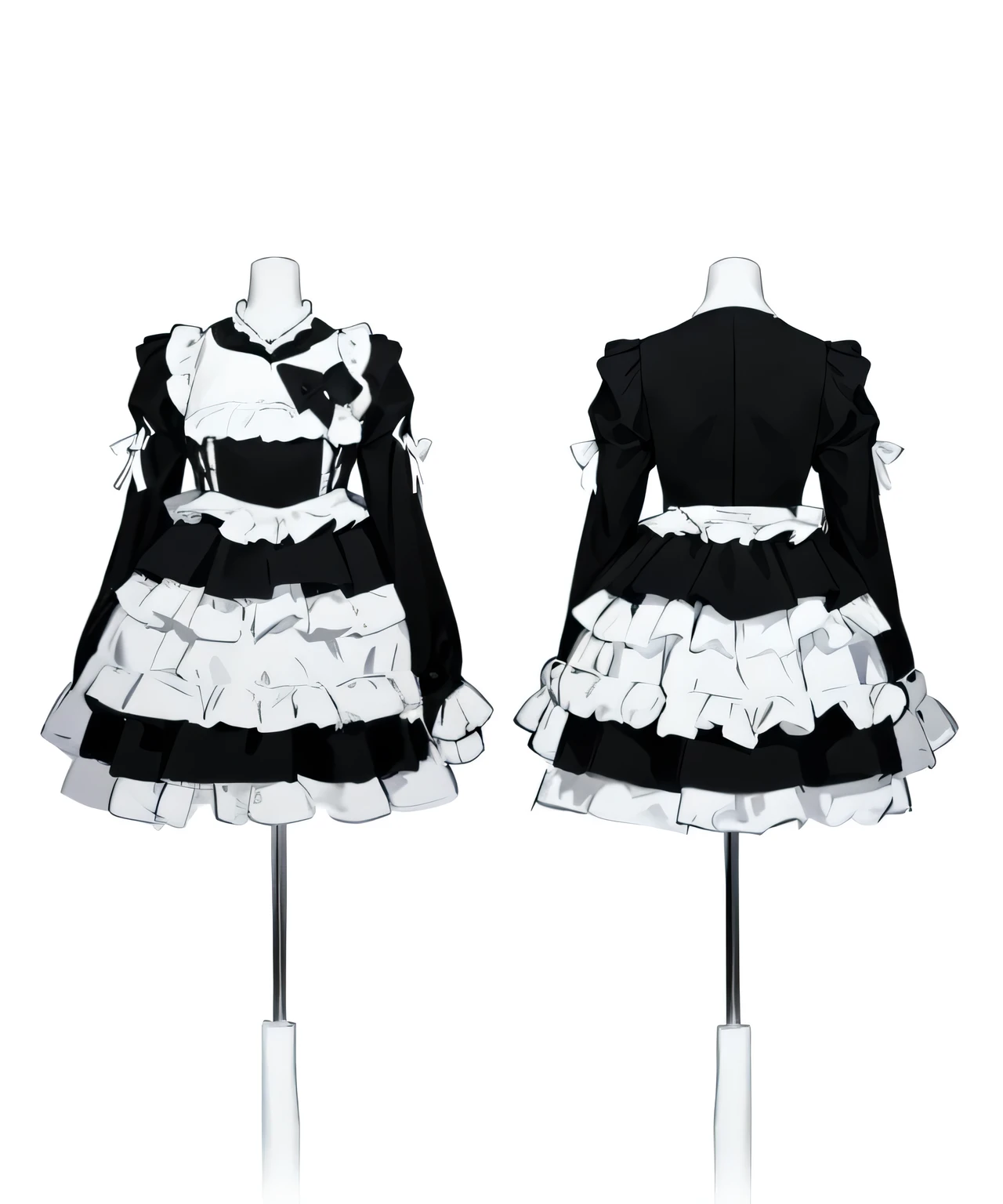 black and white lolita dress, layered ruffle design, Long Puff Sleeves, front视图胸前有黑色心形贴花, white collar and lace details, back side视图显示了简约的封口, invisible accessories, displayed on mannequin,  studio environments , Neutral Background, Soft Lighting, even-numbered shadows , formal and elegant, Right Angle, clear focus,  Balanced exposure，Conceptual Design Draft，Fashion Week Outfit Design，Line Draft Blueprint，Multiple perspectives（front、side、back side），full body，sharp lines，clear details，Detailed Costume Design，Very delicate and rich clothing design，Daily Wear，Costume and Fabric Details，Detailed Design，