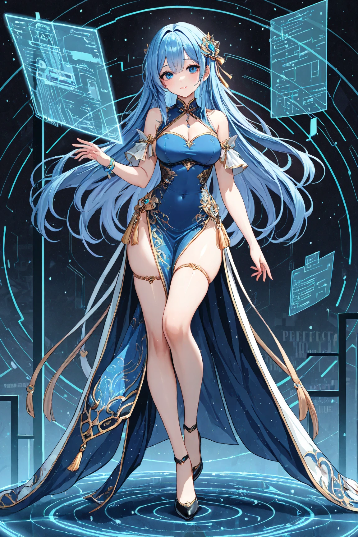 Prom background,Night dance ,Long silver-blue hair,Low ponytail,Standing close-up,dream world,Royal sister,(Elongated danphoenix eyes,eye shadow,long eyelashes),Messy hair,Elongated danphoenix eyes,eye shadow,Contact lenses,(sequin dress,Gorgeous and extremely revealing gown,A large number of expensive jewelry,:2.0),(big breast)ballroom background,(Soft light and shadow:1.9),Intricate body jewelry,High heeled dancing shoes,Detailedly drawn backgrounds