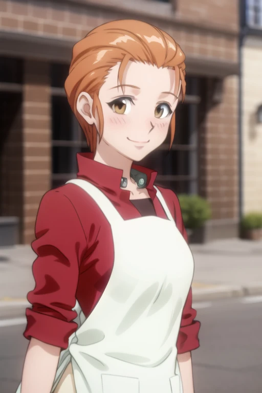 1girl, (masterpiece), (high resolution), (8K), (extremely detailed), (4k), (pixiv), perfect face, nice eyes and face, (best quality), (super detailed), detailed face and eyes, (solo), textured skin, absurdres, highres, 
BREAK
mitowz, long  skirt, short hair, orange hair, red shirt, long sleeves, yellow eyes, white apron, BREAK
standing, cowboy shot, looking at viewer, smile, blush, portrait, upper body, outdoors