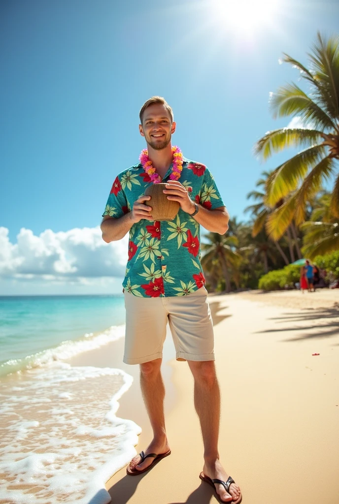 A young handsome tall skinny white man on the beach with coconut in his hand wearing pink boxer shorts and flamingo