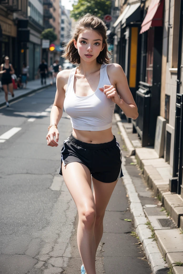 detailed_background, realistic, whole body, 1 woman, glasses, blush, sexy pose, dark alley, bob hair, forehead, White Crop Top T-Shirt, split, big bust, small waist, boxer shorts, bare legs, thighs, Tsk tsk_thighs, knee, running shoes,