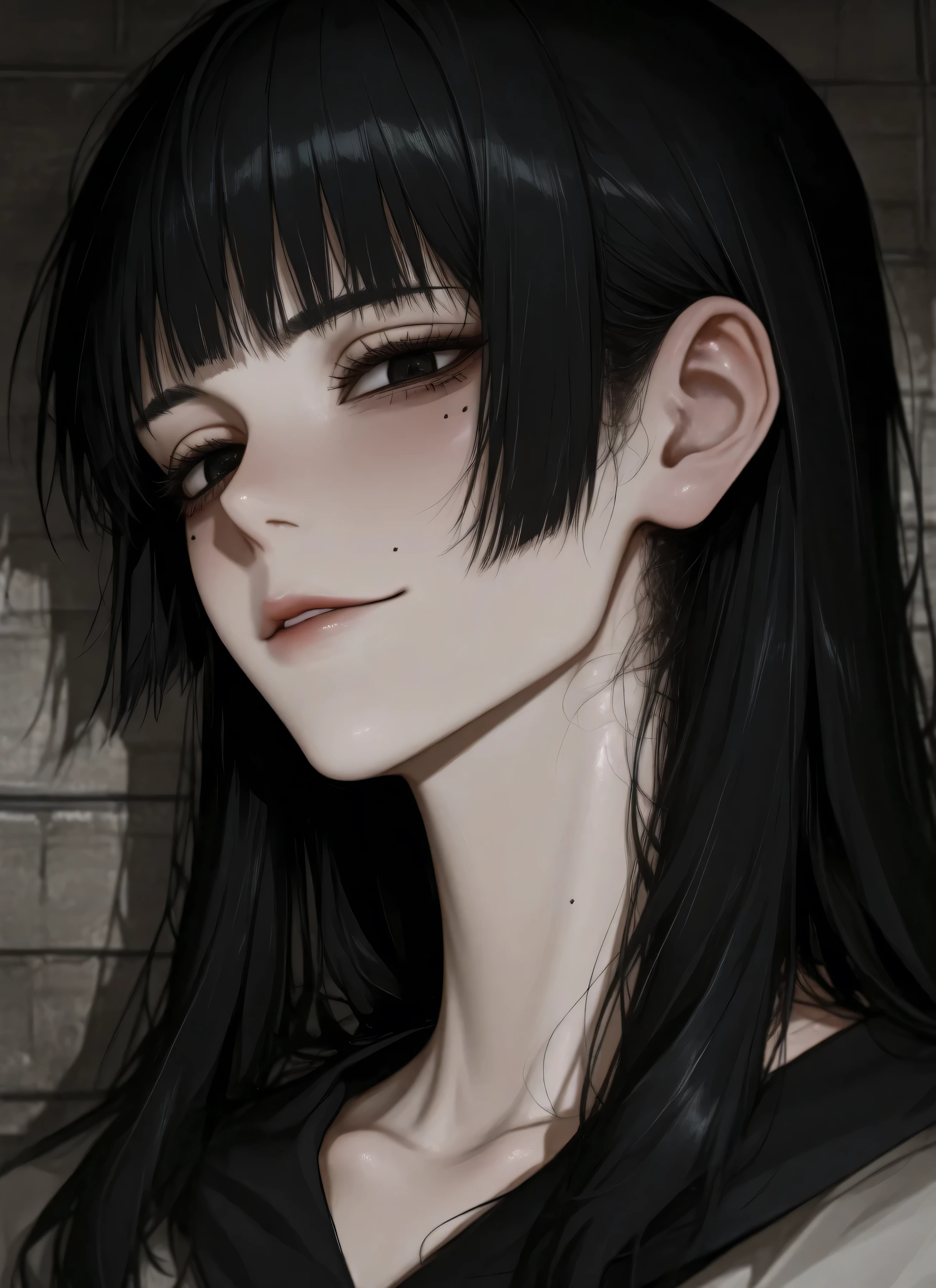 Red (almost black) eyes, long black hair, height 180, slightly narrow gaze, thin lips, ((jutsu kaisen style)), mole near the left side of the lip and near the left side of the cheek.