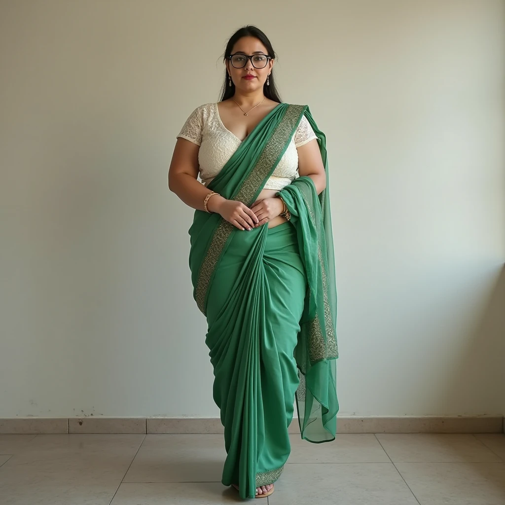 Day scene, A radiant, full-figured South Indian 35 year old aunty a green colour chiffon gown ,standing, in a office captured in a full-body image with vibrant hues and meticulous details. Full body image