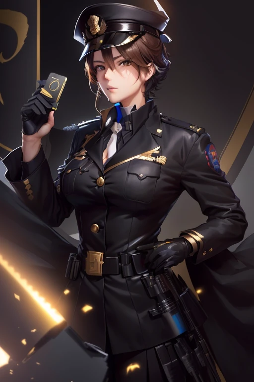 ((a woman standing in an office, long shot , looking at viewer, palms in background))<lora:MarigoldLoRA:0.8> marigold, with, eye, scar, uniform, holding, gun, beautiful eyes, beautiful girl, high detail skin, high detail eyes, high detail hair, highres, ultra detailed, detailed reflective shiny skin, diffused skin pores, sharpen picture, Highly detailed, masterpiece, best quality