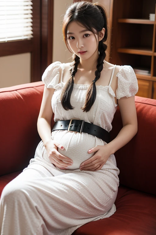 Highly detailed CG Unity 8k wallpaper, top quality, super detailed, masterpiece, realistic, photo realistic, very detailed cute girl, 25 years old, round eyes, viewer, semi body shot, put your hands on your stomach, pregnant woman, forehead , japanese clothes , sitting chair , kyoto, bun_head