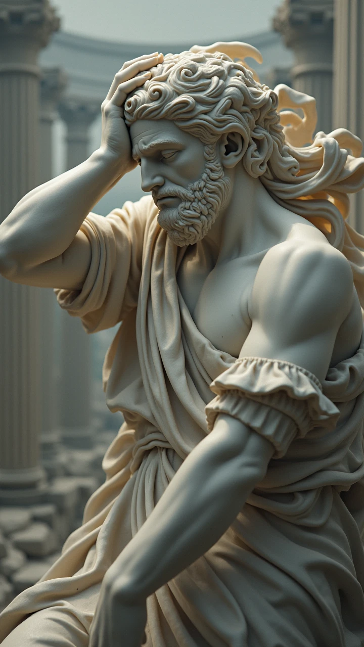 Soft image of an imposing statue, depicting a Stoic philosopher in a contemplative pose. The narration begins with a brief explanation of Stoicism, uma antiga filosofia que ensina a busca pela virtude, the acceptance of what we cannot control and the appreciation of inner serenity.