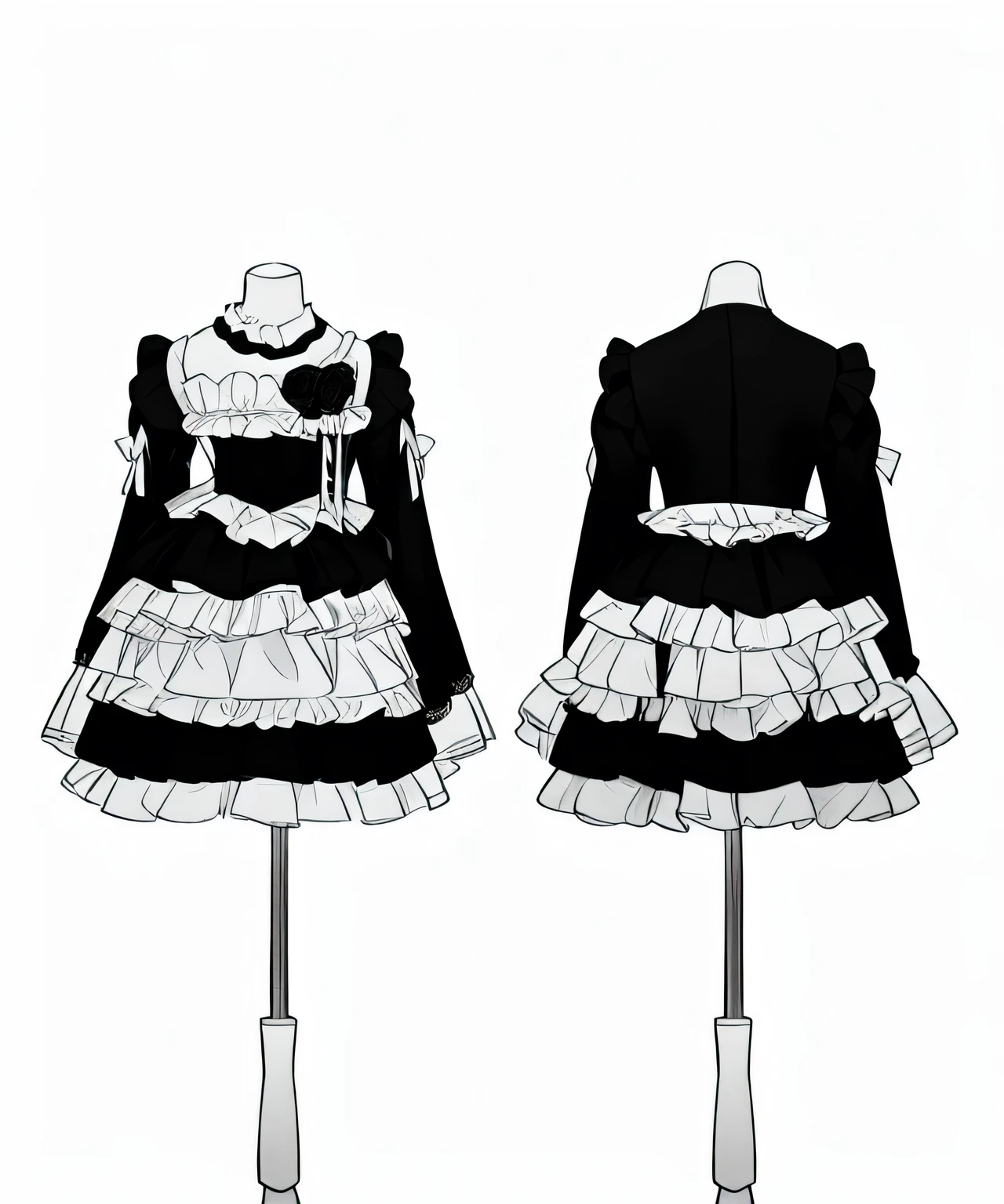 black and white lolita dress, layered ruffle design, Long Puff Sleeves, front视图胸前有黑色心形贴花, white collar and lace details, back side视图显示了简约的封口, invisible accessories, displayed on mannequin,  studio environments , Neutral Background, Soft Lighting, even-numbered shadows , formal and elegant, Right Angle, clear focus,  Balanced exposure，Conceptual Design Draft，Fashion Week Outfit Design，Line Draft Blueprint，Multiple perspectives（front、side、back side），full body，sharp lines，clear details，Detailed Costume Design，Very delicate and rich clothing design，Daily Wear，Costume and Fabric Details，Detailed Design，