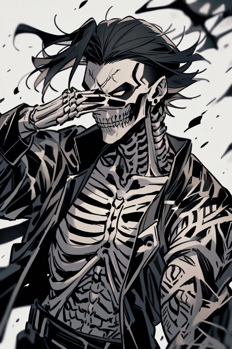 ((Best quality)), ((masterpiece)), (detailed),
Skeleton guy, with black hair, in a black hoodie,red-eyed.