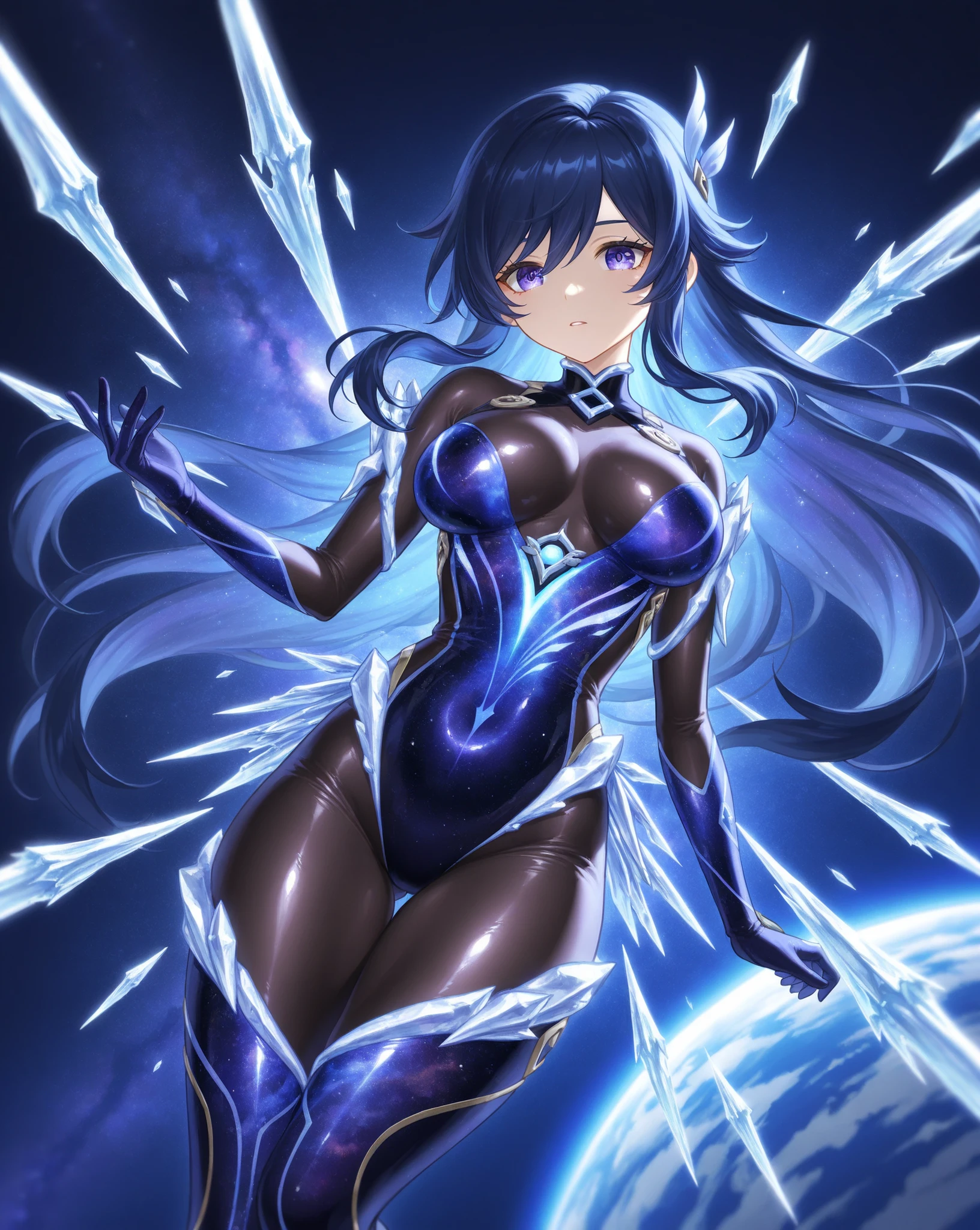 masterpiece, best quality, 1girl, superhero, ((leotard, dark blue leotard)), long sleeves, bare legs, boots, dark blue boots, matching boots, medium breasts, diffraction spikes, light particles, standing, standing straight, dark blue hair, ((short hair, bob hair)), blue eyes, beautiful detailed eyes, beautiful detailed face, cute face, (perfect hands, complete fingers, perfect anatomy, perfect proportions), heroic, ((star symbol on the chest)), serious, full body with costume, full body, cowboy shot, ((raised arms, spins fast in place like a tornado, she spins at an incredible speed, creating a whirlwind of air around her, cyclone spinning)), ((spiral lines, spinning energy pulse around her)). Curved Sword Slash.