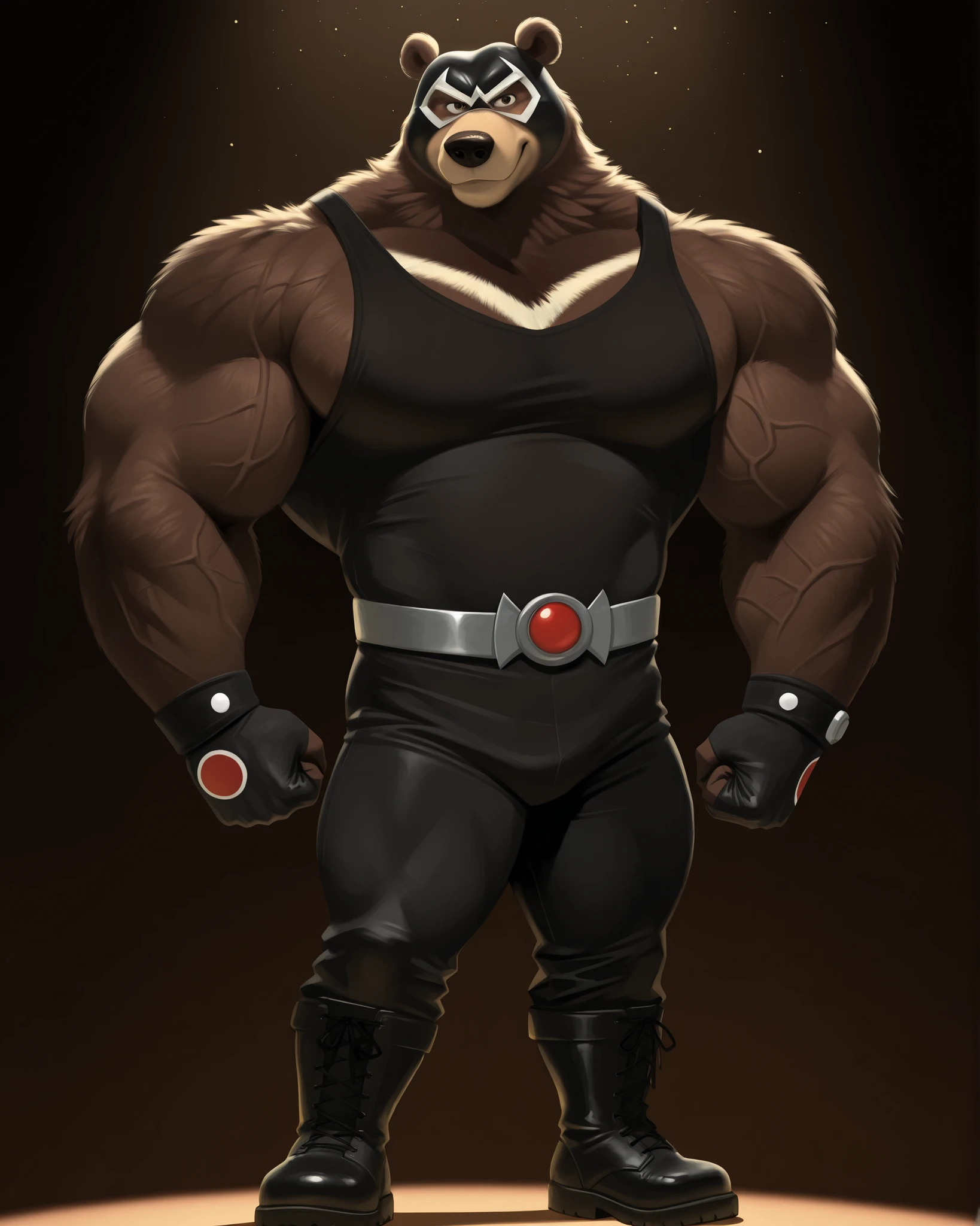 score_9, score_8_up, score_7_up, cartoon_style, ((by BodiPhantom)), 4k, 8k, The best quality, very well drawn, detailed, high quality, detailed, 4k, high resolution, high quality, high resolution, furry character, ursine, BodiPhantom, Himalayan bear, bear, boots, boy, posing, (sexy), thick arms, huge arms, 5ft, 390lbs, green veins, (dark brown fur)), simple background, lights, seething, standing, black pants, black tank top, gloves, wristband, black and white luchador mask with ears sticking out, Himalayan bear as Bane from DC Comics