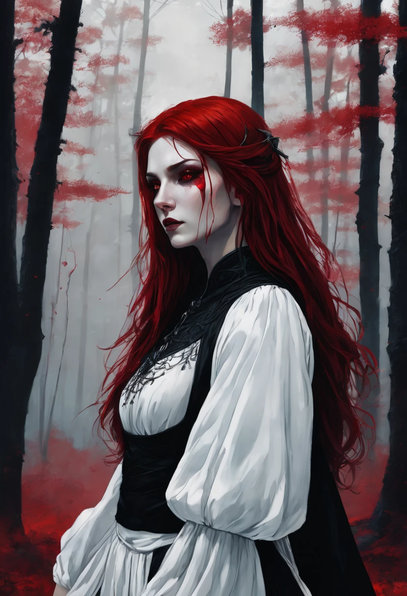 Woman, caucasiana, Eyes red, Red hair, blood witch, profile image, clothing detailed with blood, Blood around, black forest background.
