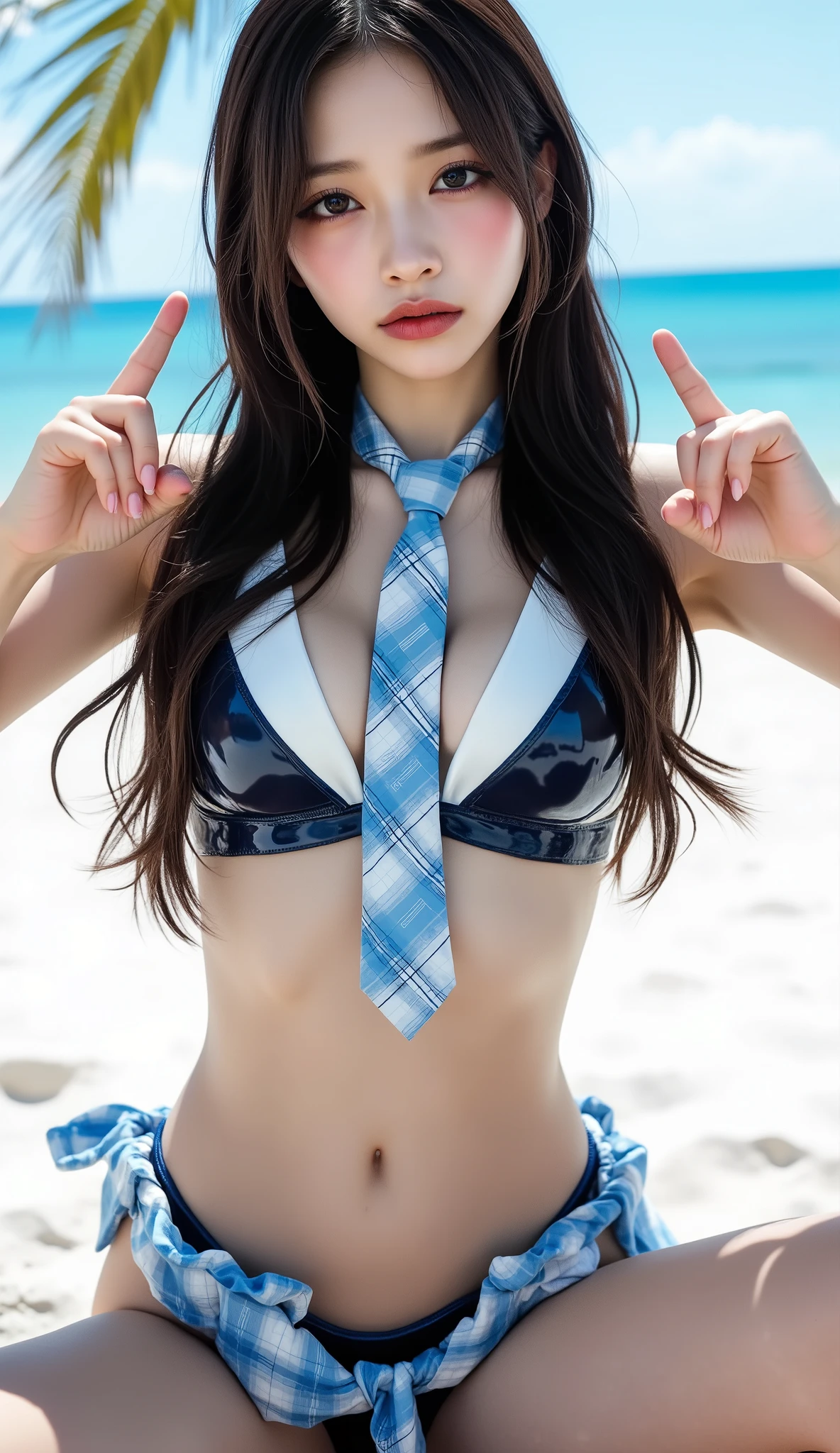 ((Korean pop idol girl。),(live-action),((Face-up shooting)),((Point your index fingers to the ground)),(( sunny tropical beaches and seas )),(Women's rock design bikini with shiny white and dark blue vinyl material),(Light blue plaid necktie),(white scarf draping around the waist),(smile),(big breasts),(beautiful Korean idol makeup,beautiful lips,dark eyeshadow,long lashes),shiny skin staring at the camera, Show view , beautiful hair, Pure Eyes , (super long straight hair,I'm drawing a pretty dark-haired),(8k, Best Quality , masterpiece:1.2, very detailed on trends),( anatomically correct, Ultra Detailed Skin ,Refers to 5 books )