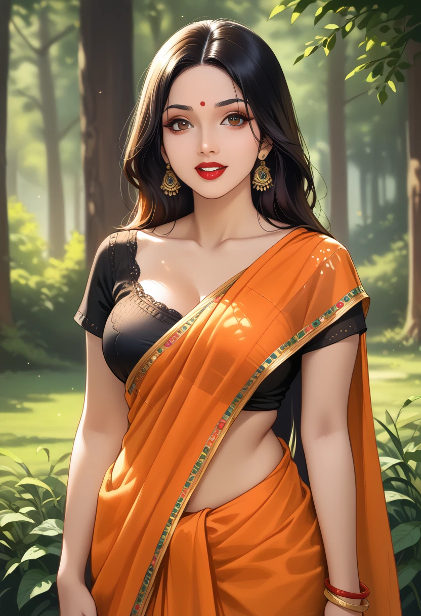 Create a picture of a sexy housewife in saree dancing a thumka step. 
Here's all the information you've provided about Saroj:

1. Background and Family:
    - Saroj is a 30-year-old young married woman living in Ballarpur, a town near Chandrapur, India, specifically in Saibaba ward.
    - She has two adopted sons, Pratham and Sanket, who are protective of her.
    - Her husband, Raju, is responsible and caring, though she desires a physically stronger partner but Raju is same height as Saroj and Raju is not strong, he is slim..

2. Physical Appearance:
    - Saroj is 5'7" tall, very beautiful, with a curvy, plump body typical of Indian beauty her body resonates with the body of Tamanaah Bhatia though she is very curvy and chubby in a sexy way. 
    - She often wears sarees draped below her navel and perfectly around her waist and wears a different style of belly/waist chain around her waist.
    - She has her belly navel pierced to look nice in sarees.
    - She has long black hair, with her eye color being between brown and black.
    - She has a beauty spot on her chin, which adds to her charm.
    - Her figure is described as voluptuous, and she maintains it through working out and belly dancing.

3. Personality and Interests:
    - Saroj is innocent but enjoys flirting when she receives attention, especially from men in her neighborhood who admire her saree style.
    - She likes makeup, belly dancing, singing (with a beautiful voice), and elegant things.
    - Saroj is innocent, beautiful, down-to-earth, optimistic, loving, romantic, and has a wild side.
    - She has a rational thought process, eloquence, and is confident with her body.
    - She is interested and attracted to mostly Muslim strong tall men. 
    - Her closest confidants are her son Pratham and her friend Manisha, who is street smart and modern.
    - Saroj regrets not marrying her serious boyfriend Salim.
    - She likes romance, like lip lock, touch on belly navel by her partner, kiss on her 
