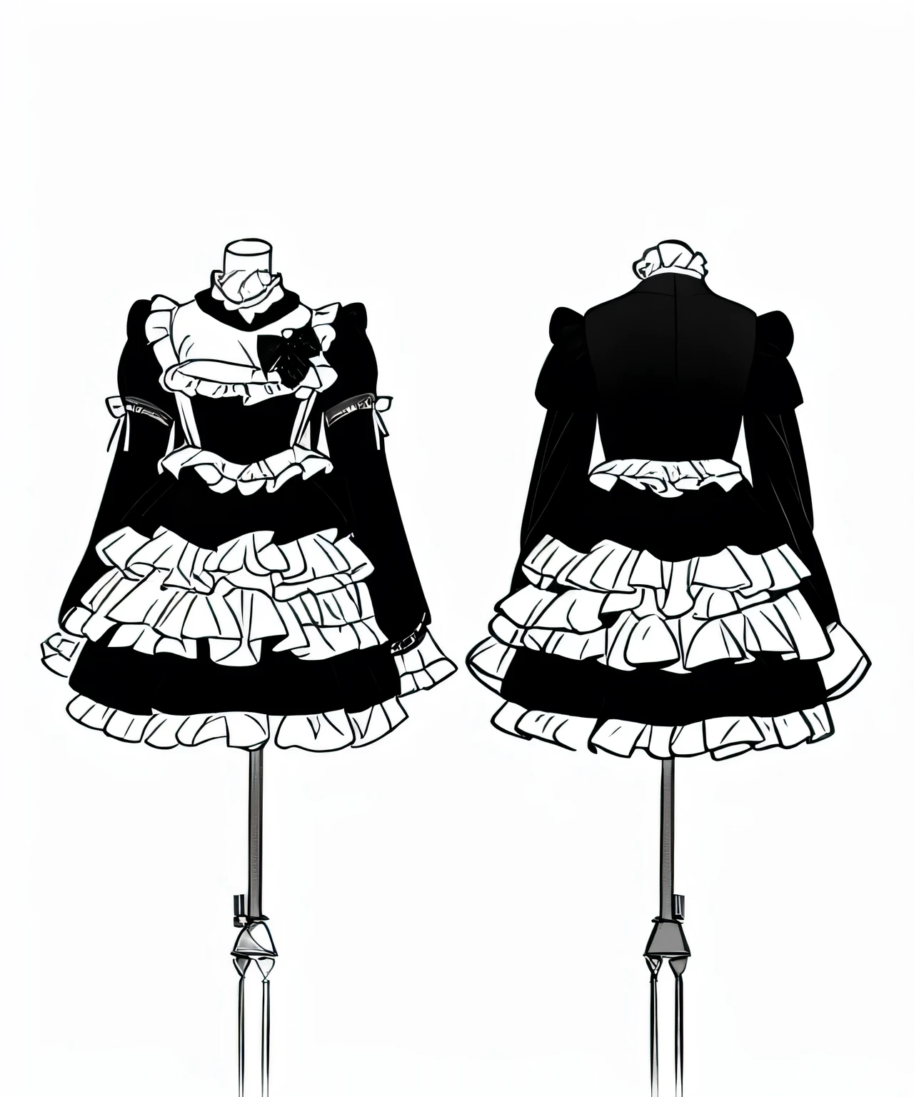 black and white lolita dress, layered ruffle design, Long Puff Sleeves, front视图胸前有黑色心形贴花, white collar and lace details, back side视图显示了简约的封口, invisible accessories, displayed on mannequin,  studio environments , Neutral Background, Soft Lighting, even-numbered shadows , formal and elegant, Right Angle, clear focus,  Balanced exposure，Conceptual Design Draft，Fashion Week Outfit Design，Line Draft Blueprint，Multiple perspectives（front、side、back side），full body，sharp lines，clear details，Detailed Costume Design，Very delicate and rich clothing design，Daily Wear，Costume and Fabric Details，Detailed Design，