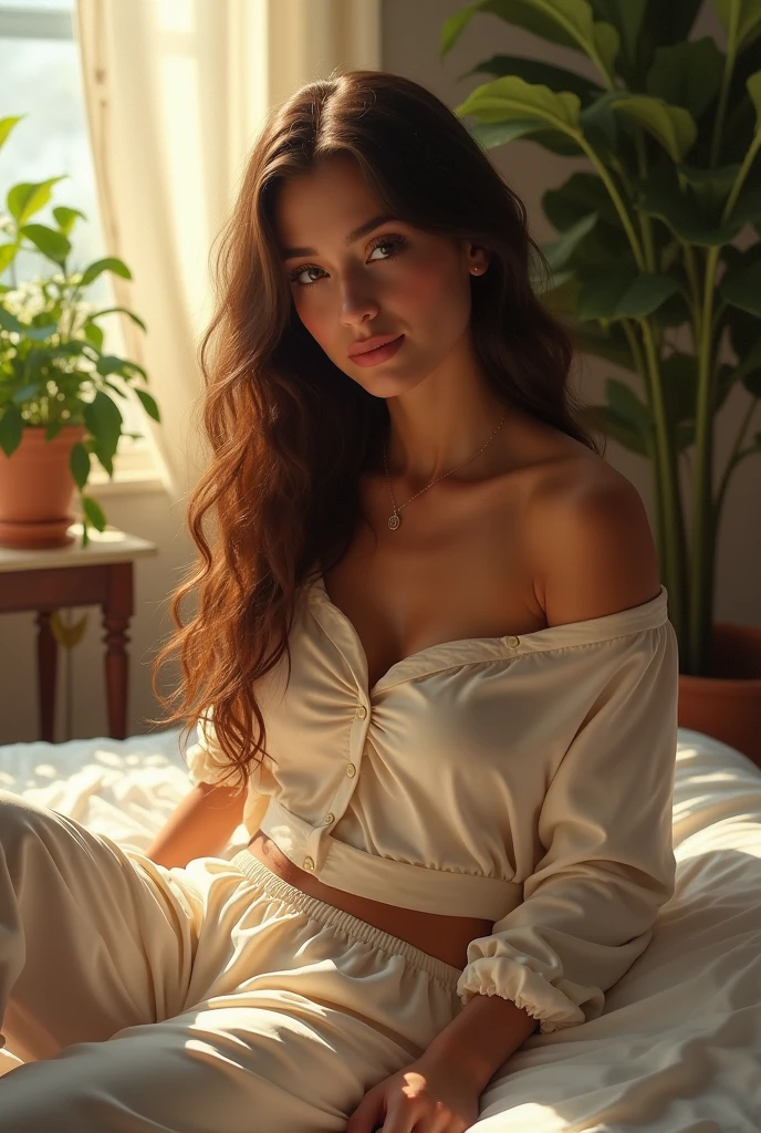 (photorealism:1.2), beautiful woman, sitting on bed, wearing loose off-shoulder top, pajama pants, long curly hair, indoors, soft lighting, plants in background, window with sunlight, cozy room, relaxed pose, realistic, intricate details, warm colors, by Greg Rutkowski, by Alphonse Mucha