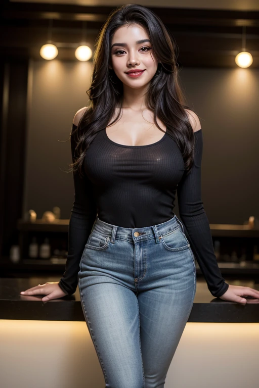 Lauren Jauregui wearing a tight-fitting long-sleeved shirt with a low neckline, underbust and broken jeans and smiling