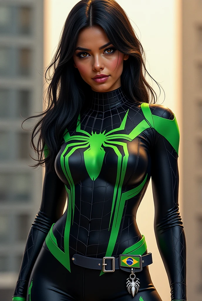 Kristin Kreuk's stands smiling . Towering trees serve as a backdrop. Adorned in form-fitting black leather pants that gracefully trace her contours, Kristin sports a high ponytail, A vivid yellow leather jacket.The polished leather reflects the golden hues of the ambient light. she wields a vibrant green lightsaber, its emerald glow. cinematic lighting. Golden ratio.