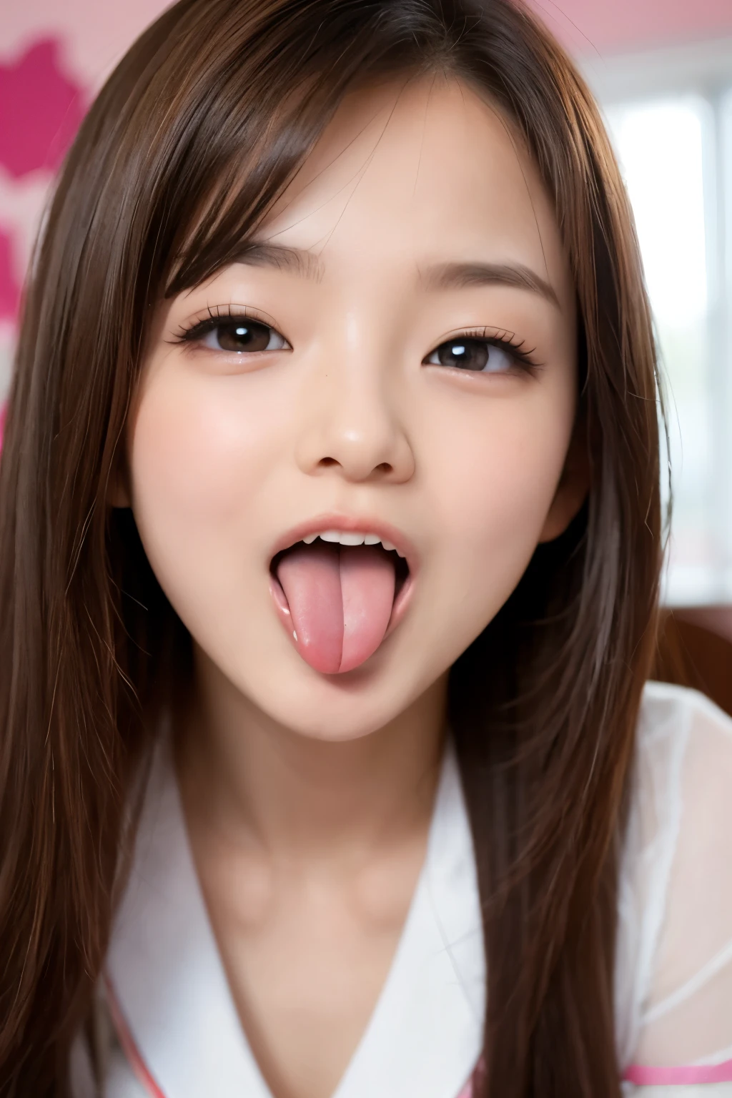 Japanese woman, beautiful girl, gal, blonde, baby face, highest quality realistic skin, eyes in focus, 20 years old, sticking out tongue, focus on mouth, open mouth, long tongue, saliva, open mouth wide, inside of mouth visible, open mouth and sticking out tongue