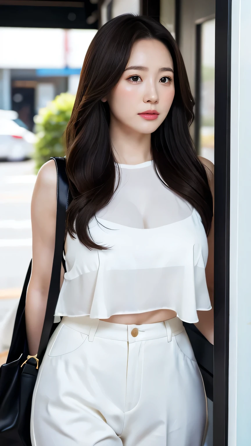 "Hyper-realistic 8k photo of a confident young woman A stunning Asian actress walking confidently along the street of Manhattan road, open the door of the shop, bathed in soft, diffused lighting that highlights her elegant figure. She wears a sheer white sleeveless blouse with jean pant, tastefully accentuating her toned silhouette as a hint of her skin glows beneath the lightweight fabric. Her long layer cut perm brown hair with see-through bangs frames a delicate face with expressive brown eyes gazing directly at the viewer. A captivating smile curves her deep red lips, enhancing her magnetic beauty against a modern background that balances glamour and timeless grace.porcelain-like skin,subtle highlights,detailed and life-like skin texture,ParkMinYoung