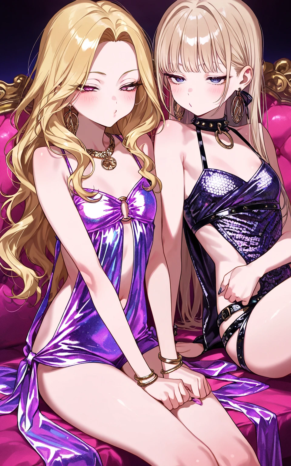 masterpiece, best quality, (2 girls:1.5), nice hips, slut, slutty bimbo clothes, medium breasts, smile, slut, young girl, bratty girl, wide hips, (white crop top), (white shorts), midriff, hip sway, slutty dancing, (nightclub), neon lights, many male, surrounded by men, multiple men, thong, (nightclub:1.5), nightclub lighting, detailed eyes, pink and white outfits, straight hair, different haircolors, blonde, brunette, girls kissing each other:1.5, (lesbians kissing),KISS, ((deep kiss)), half open eyes, hands on each others body, (lips making contact),