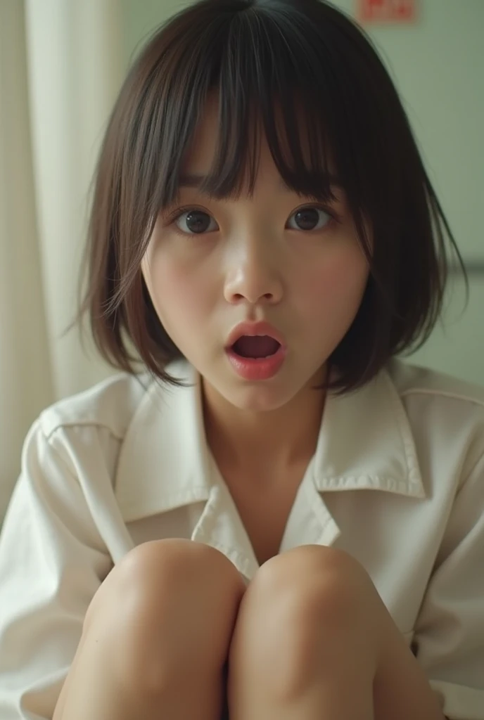 (1 Girl )、(Beautiful Japanese,round face、Refreshing、clear、seems kind、stylish、Pitiful、cute like an angel、cute、black eyes、(Single eyelid:1.3)、(Beautiful skin), {(Japan human face:1.6),(General facial features)} , (((Beautiful breasts:0.4))),(((soft breasts))),(very cute),(enchanting eyes),(highlight on eyes:1.2)、brown hair,(short bob hair),(8K、Live shooting、highest quality、masterpiece:1.2、optimal lighting),(Photo taken by a professional photographer),(real、photo real:1.4),BREAK,{ (pink nurse costume),(((pink taraditional nurse uniform)))},break, hospital,from below,(((1970s vibe)))、Hospital room,face shot:1.4,クローズアップ、,squatting,angry:1.4,open mouth:0.5,looking at viewer,from below