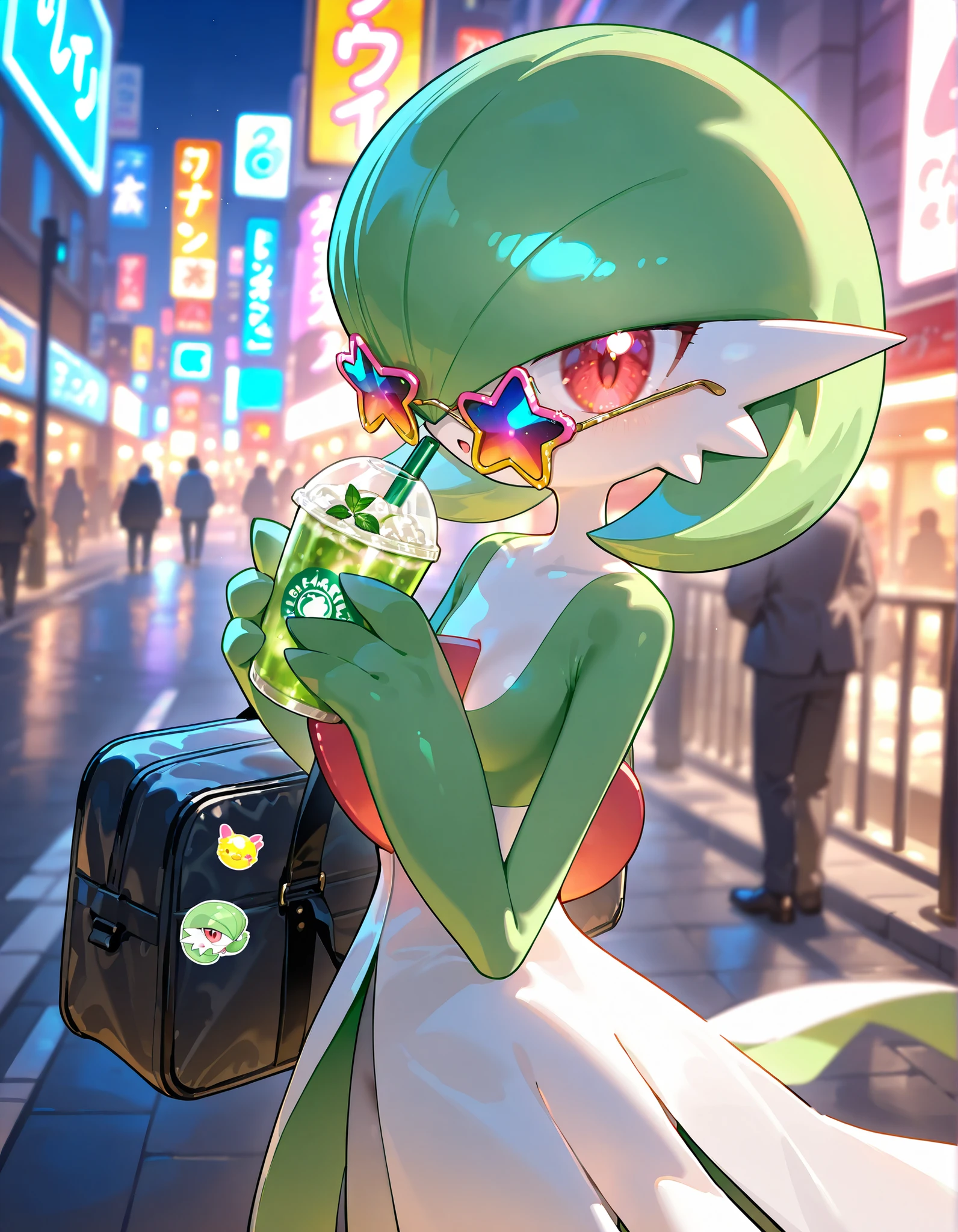 gardevoir, green_hair, green_skin, hair_over_one_eye,in urban streets。Holding a tapioca drink。Cyber City。colorful ad。Star-shaped sunglasses。Decals。sticker carrying case