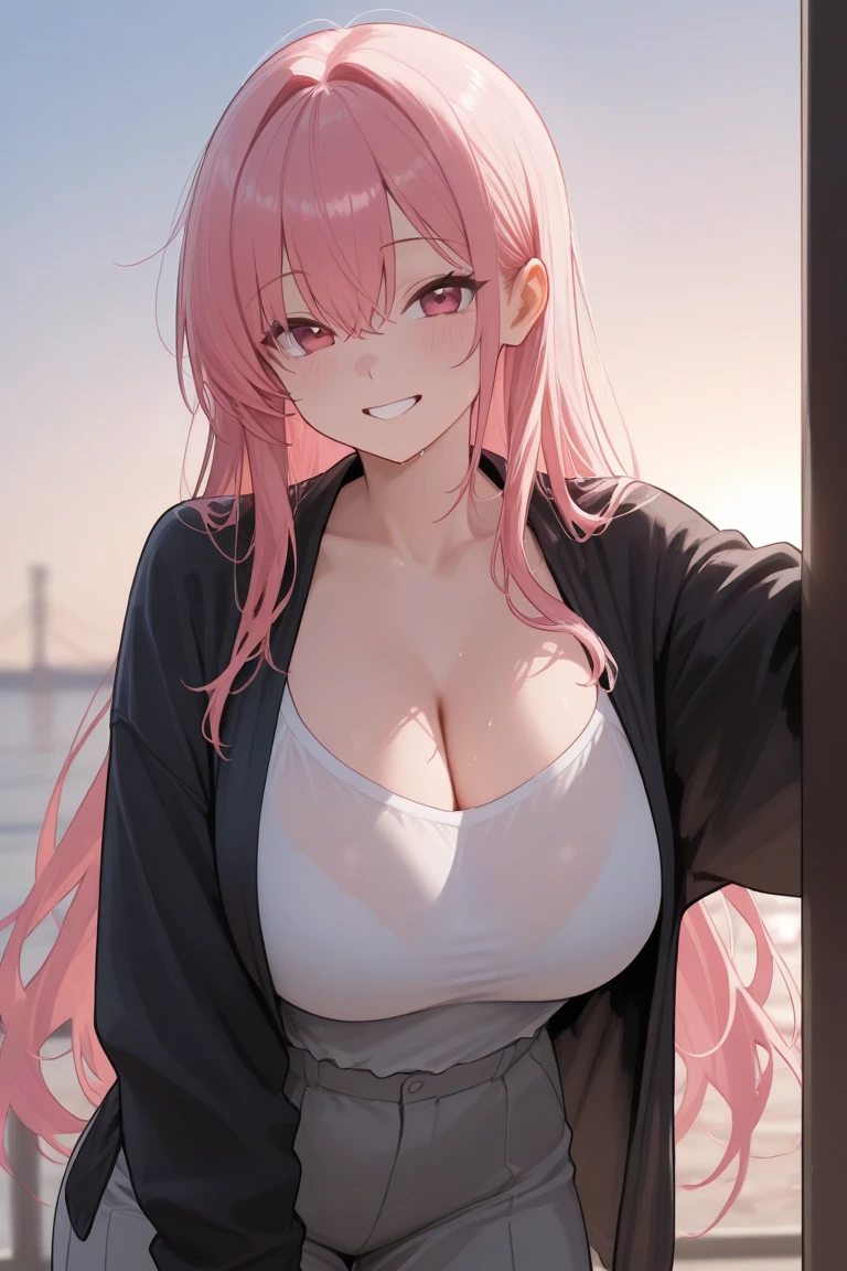 Cover magazine. anime, adult woman, middle aged woman, solo, long hair, pink hair, red eyes, two horn, demon horn, black horn, complex horn, demon woman, model, beautiful, fantasy, Casual clothes. Hair accessories. Unusual hairstyles. Earrings. Greeting. Sharp ears. Big breast. Upper body. Soft smile. Beautiful anime art. Mommy.