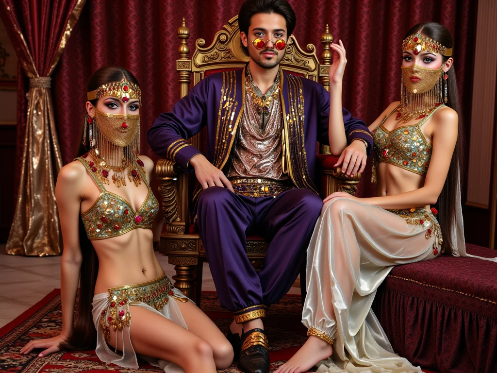 three people in gold suits and red scarves sitting on a green couch, draped in gold, golden robes, band of gold round his breasts, sitting on a golden throne, gilded outfit, wearing gilded robes, sitting on golden throne, three futuristic princes, cgsociety masterpiece, gold suit, full body cgsociety, stunning cgsociety, inspired by Hedi Xandt