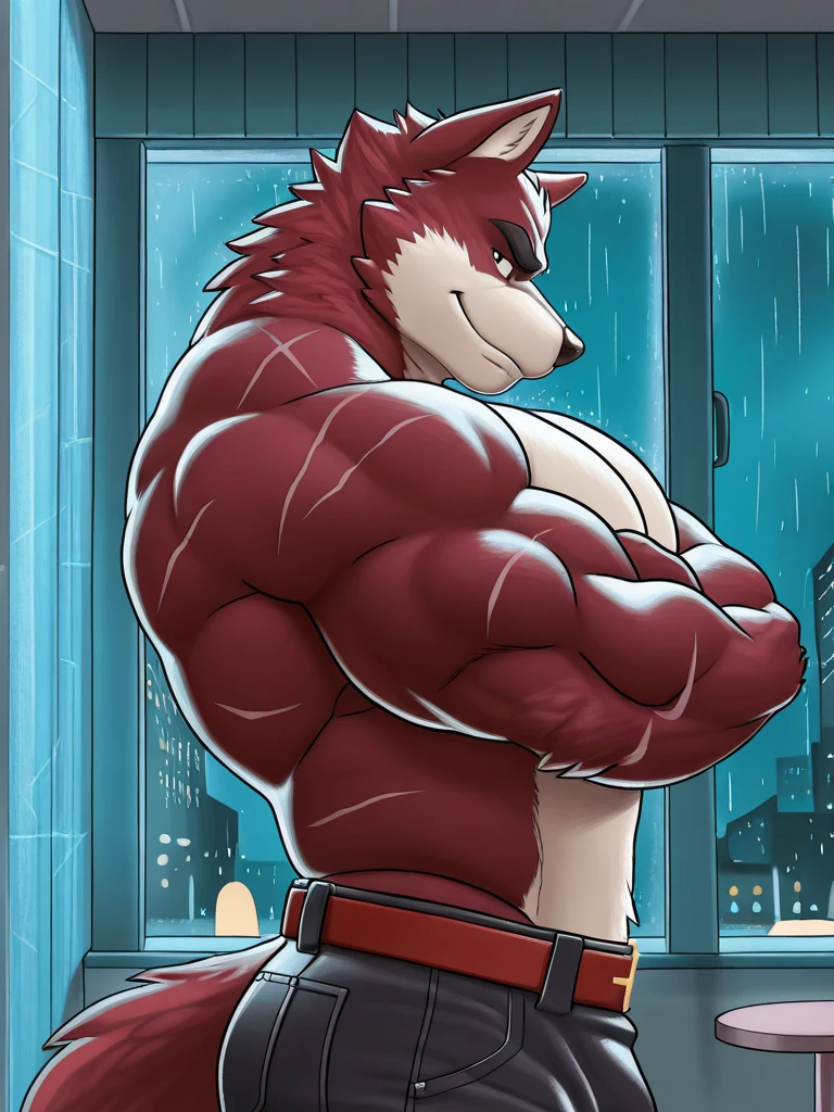 Coyote, pointed eard, long snout, anthro, portrait, full body, (((full body portrait))), (((bandages in arm)), (((bandages in thighs))), (((muscular thighs))), (((short pants))), open jacket, (((reddish gray face))), (((reddish gray chest))), (((reddish gray snout))), (((bristly fur))), (((spiked fur))), (((icy fur))), (((reddish gray face))), (((reddish gray body))), (((detailed muscles))), muscular biceps, (((white eyes))), (((black sclera))), bodybuilder body, male, (nipples), solo, adult, muscular abs, abs, muscular pecs, (looking at viewer), front, detailed face, (big eyes), detailed face, muscular face, fearsome looking, (((looking at viewer))), night, (((icy alley background))), (((frown angry face))), by bruteandbrawn, by personalami, by kenket, (intricate, high detail, film photography, soft focus, RAW candid cinema, photorealism, realistic, photorealistic, analog style, subsurface scattering, masterpiece, best quality, ultra realistic, 8k)