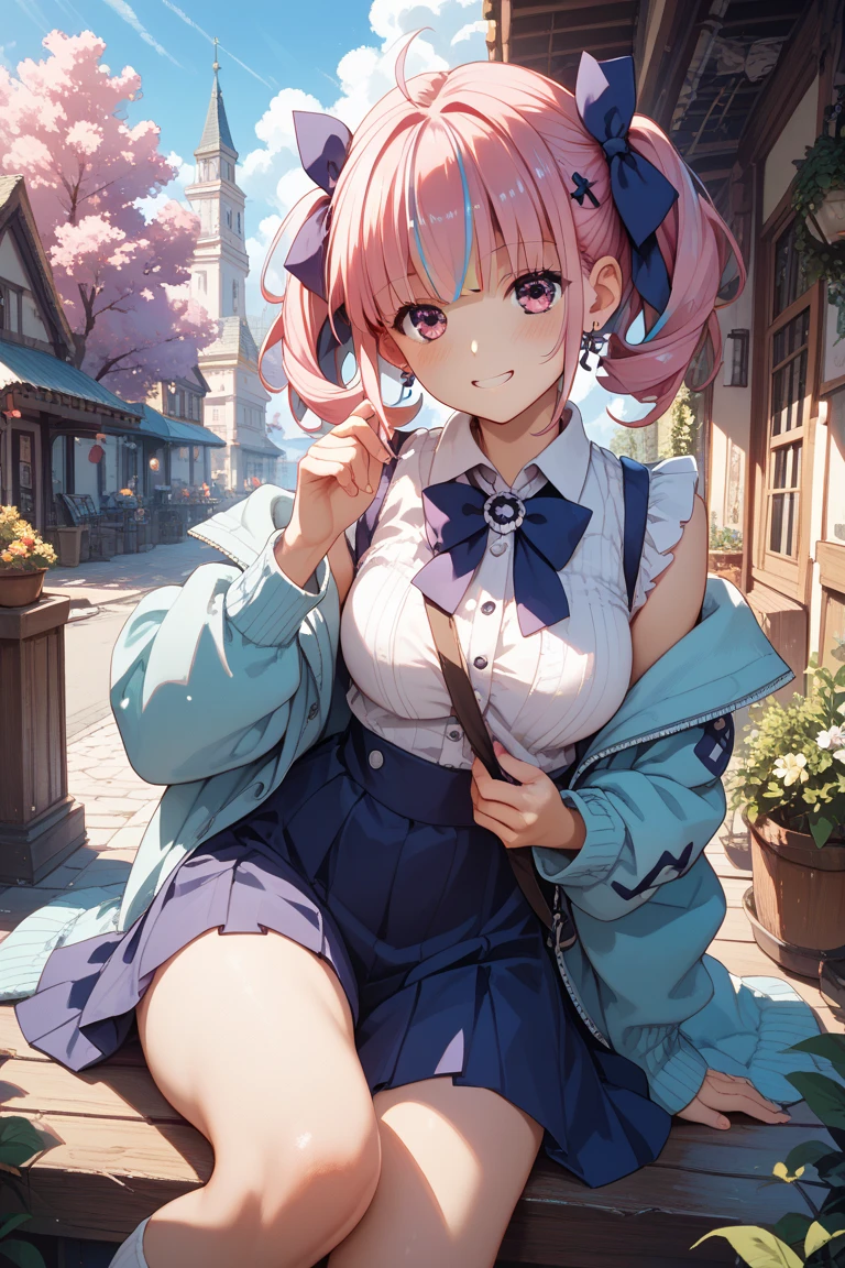 masterpiece、highest quality、Very detailed、Photograph the upper body、1 female、(Put your arms behind your back:1.4)、Are standing、Turn your body forward、View your viewers、(blue-cloak)、break,blush、shy、Pink Hair、Open your mouth、In town、Big Breasts、