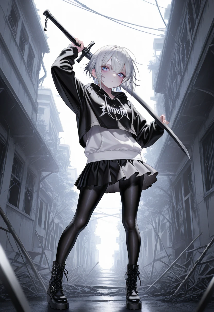 masterpiece, extra limbs,solo,(1 child),10years old,(((white shaggy cut:1.5))), (((tarame eyes,out of focus,blank black eyes:1.8))), (flat chest,small black nipples,darks small areolas),(((grey skin color:1.5))),athlete skinny body,(((afterglow, open mouth,saliva:1.5))),walking,((clothed ninja:1.3)),(knee socks:1.5,boots),(((torn clothes:1.2))),((alley,midnight,fog)),full body