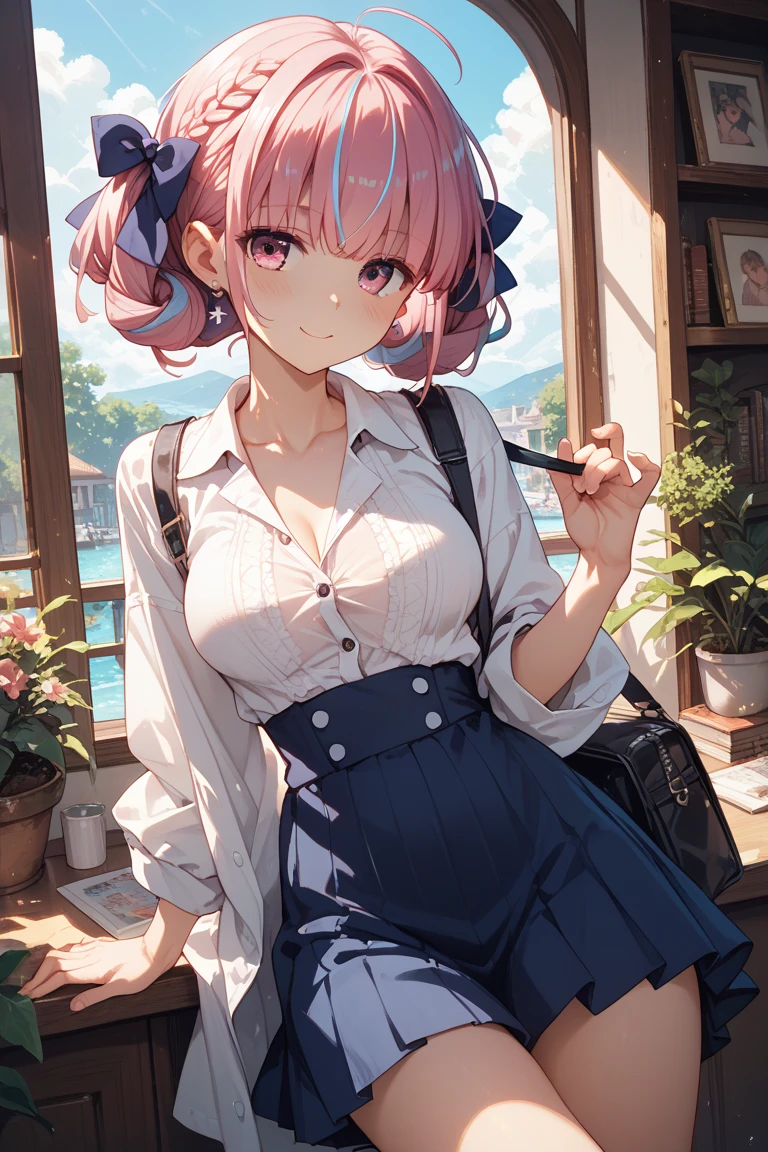 (1 girl),(Best Picture Quality, 8K, Masterpiece:1.3), (18year:1.5), ((pink lob hair:1.1)), (bob cut),(swept bangs), (cute eyes, pupil black, iris skyblue, youthful face), (mole under right eye), (standard weight), (small breasts), (glistening skin:1.1),(pale skin:1.2), ((Ishtar)).