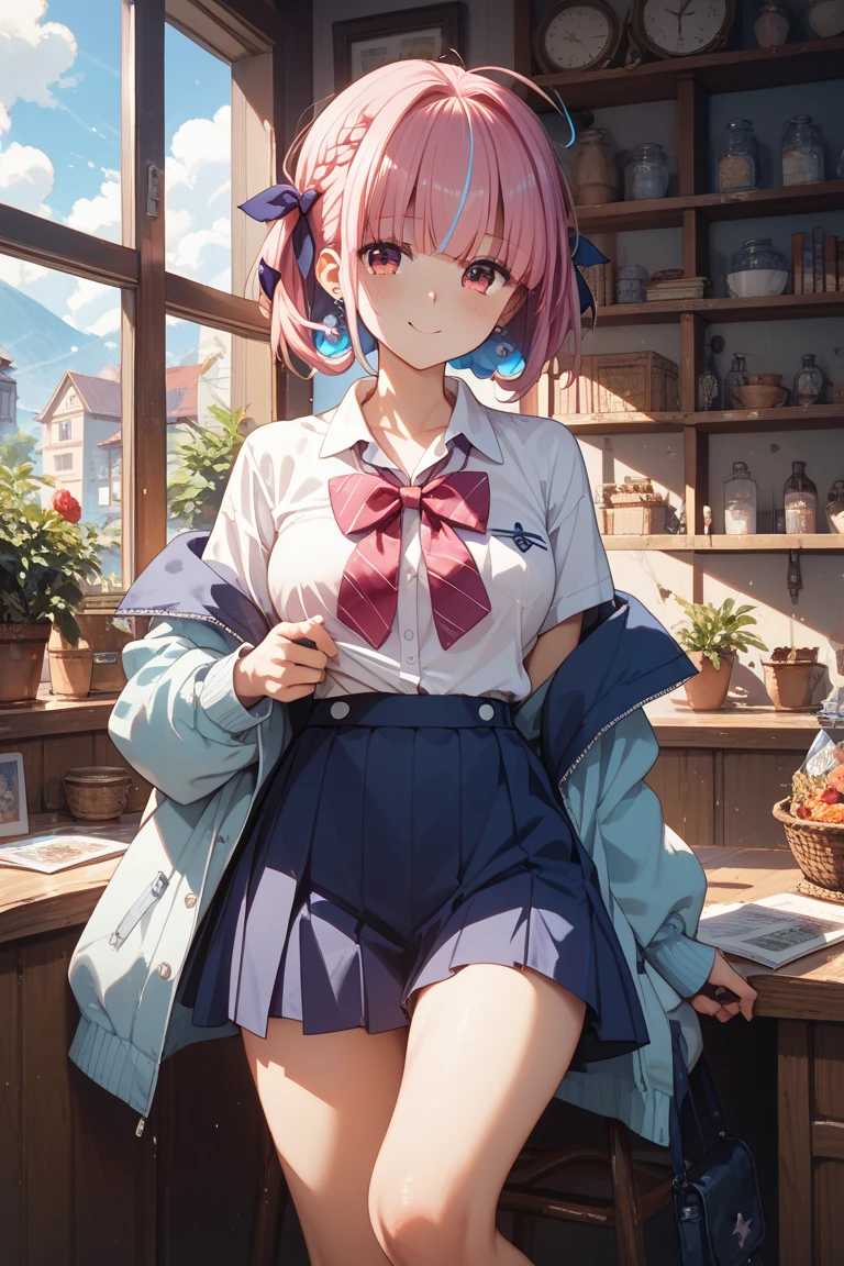 Showing panties、Pink short hair、hair over one eye、Showing panties、、School classroom、blackboard、Pull up your skirt、Lift up your skirt、Condescending expression、A foolish look、
