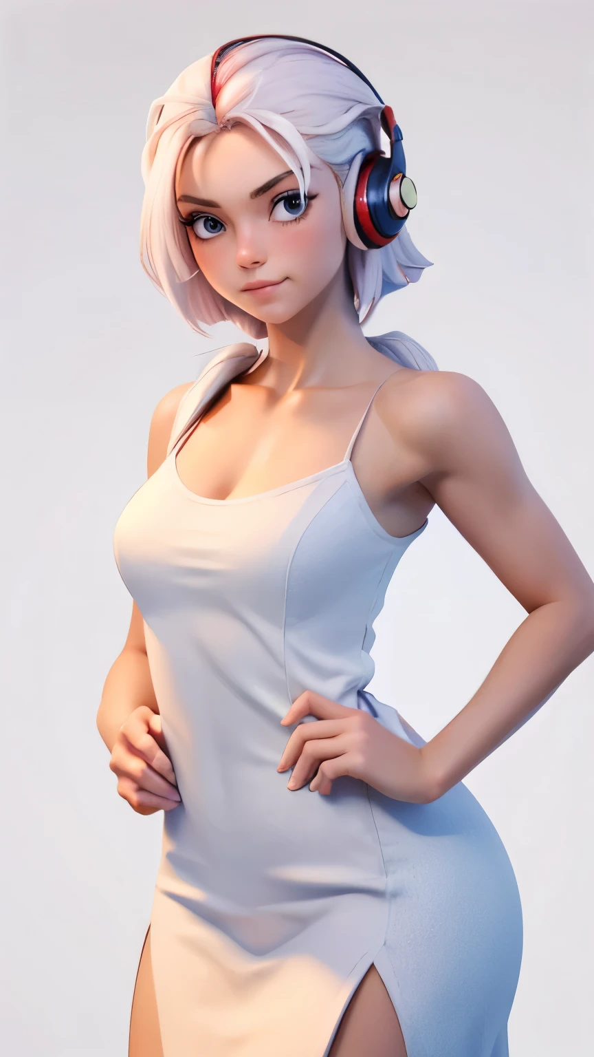 (1 girl, Alone, Masterpiece, 4k, Best Quality:1.2, (cowboy shot), Best Quality:1.2, good hands, showy, (perfect hands, perfect anatomy)),
utaop, headphones,blush, White dress, fur over one, red and white hair, multicolor fur, High average,
((medium breasts, big hips, looking at the viewer)),
((simple background, White background)),