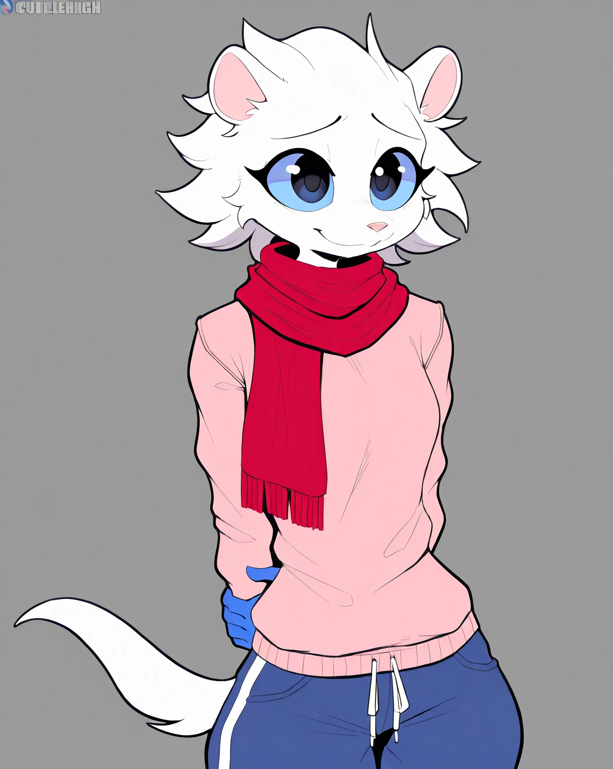 cooliehigh, by cooliehigh, (short hair), (white hair), dense hair, ((1boy)), (((ferret))), (((((white body))))), ((((white fur))))), ((((white skin)))), good anatomy, (furry), ((furry only)), highest quality, absurd amount of detail, masterpiece, ultra high resolution, detailed outlines, angular view, high resolution, small head, detailed face, detailed body, visible body, detailed tail, detailed body, ((21 years old)), ferret tail, (ferret ears), standing straight, standing, solo, (front view), ((female eyes)), (cuteface), detailed hands, 5 fingers, perfect hands, (big ass), (short guy), (blue sclera), (8k), HD, (((female hands))), blue pupil, smile, nervous smile, ((femboy)), (1femboy), (blue hands), (pink sweater), (blue sweatpants), ((red long scarf)), (solo), slim waist, big eyes, (front view), (curvy body), arms behind back